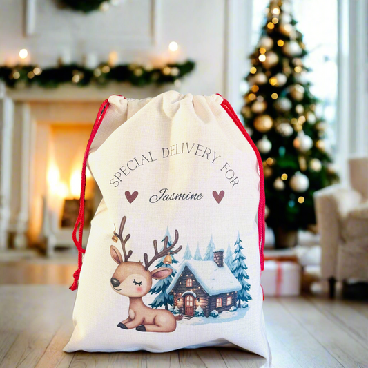 Reindeer with Christmas House Santa Sack