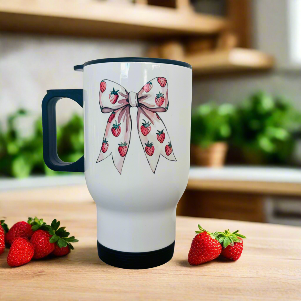 Travel Mug 14oz Strawberry Bow Design