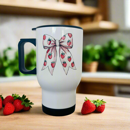 Travel Mug 14oz Strawberry Bow Design