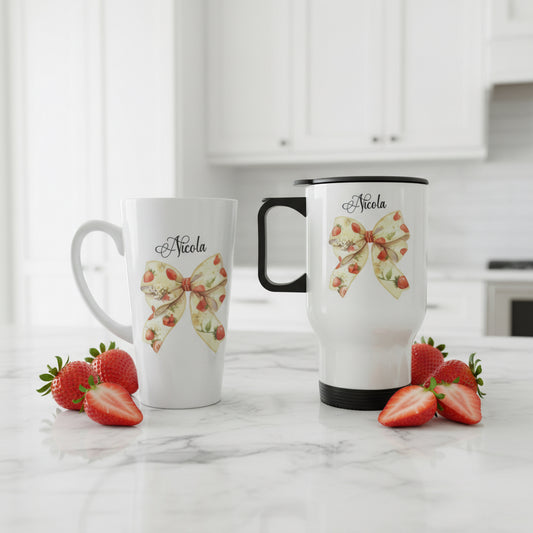 Strawberry Bow Travel Mug 14oz and Mini Latte Bundle