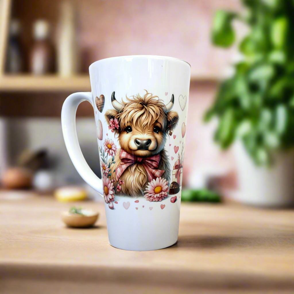 New Latte Highland Cow flowers and Chocolate Ceramic Mug 17oz inc Box