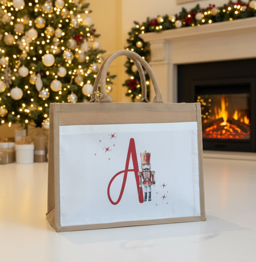 Christmas Eve Tote Bag - Red Nutcracker Initial