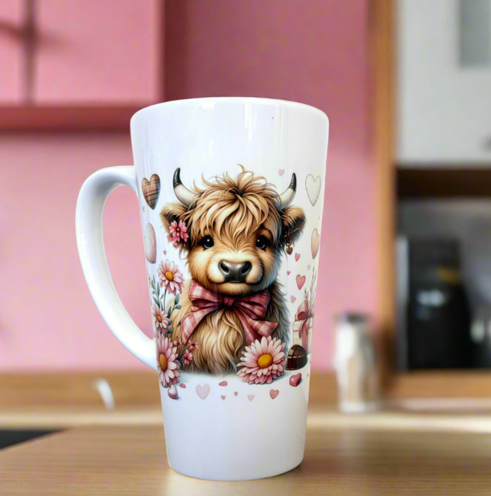 New Latte Highland Cow flowers and Chocolate Ceramic Mug 17oz inc Box