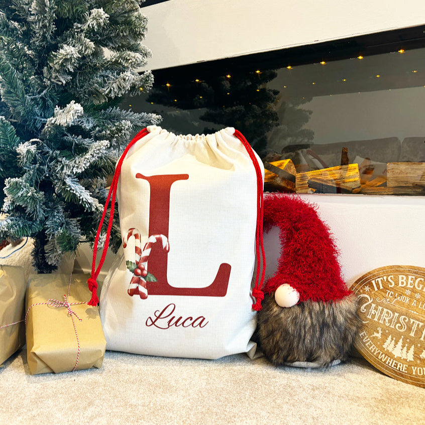 Initial Santa Sack with Candy Canes