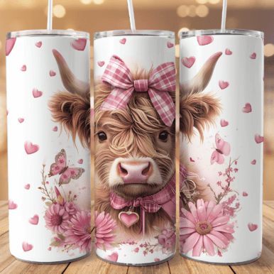 Highland Cow Pink Tartan Bow & Pink Flowers Skinny Tumbler