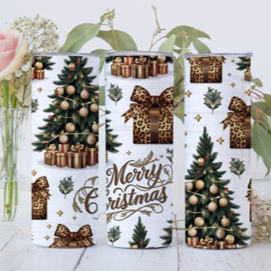 Merry Christmas Leopard Print Browns Skinny Tumbler 600ml