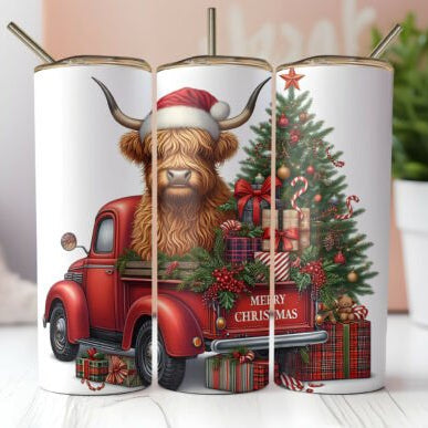 Highland Cow Red Truck Skinny Tumbler 600ml