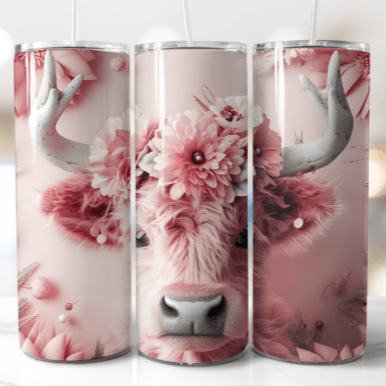 Highland Cow Full Pink Floral Skinny Tumbler