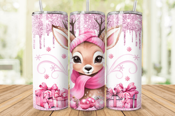 Cute Presents Reindeer With Hot Pink Scalf Christmas Skinny Tumbler 600ml