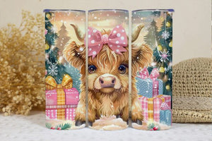 Highland Cow Pink Presents Christmas Skinny Tumbler 600ml