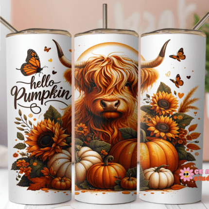 Hello Pumpkin Highland Cow Halloween Skinny Tumbler