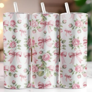 Pink Bow with Pink Roses Skinny Tumbler