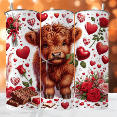 Highland Cow Tumbler Valentines Rose/ Heart