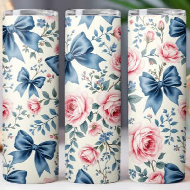 Blue Bow with Pink Roses Skinny Tumbler