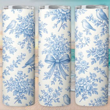 Vintage Blue Birds and Bow Skinny Tumbler