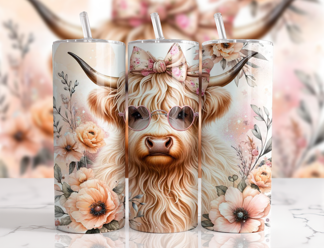 Highland Cow Tumbler 6 Peach With Glasses