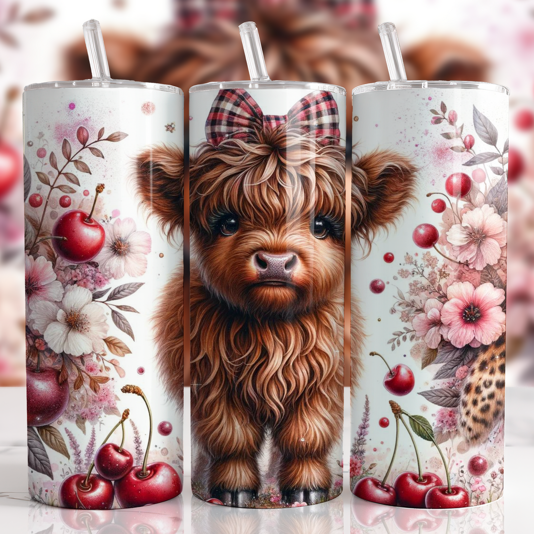 Highland Cow Tumbler 8 Cherry With Tartan Bow