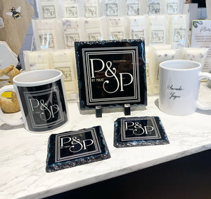 2 Mugs & 2 Coasters and 14cm Slate - Business Meeting Pack (Personalised)