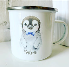 Enamel Metal Mug - Watercolour penguin/ Bow